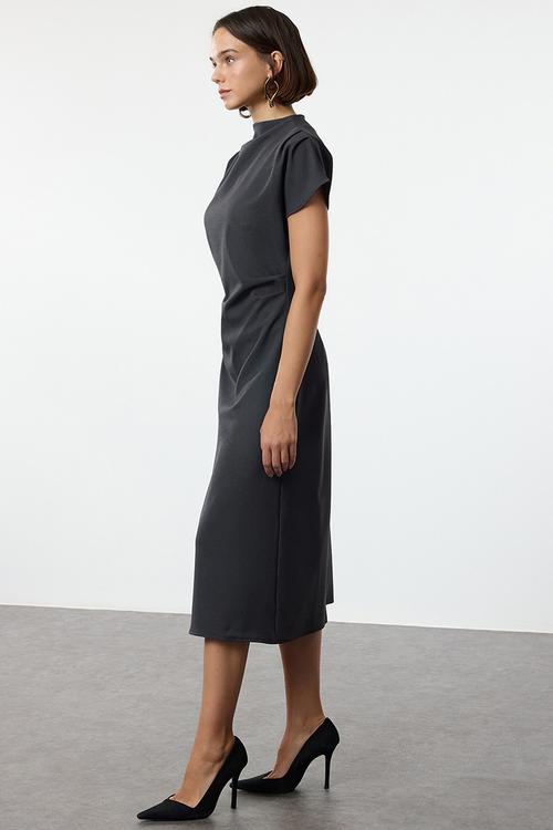 A-line cowl neck midi crepe woven dress  - anthracite
