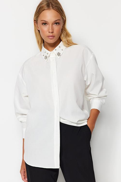 Collar stone detail oversize woven shirt - ecru