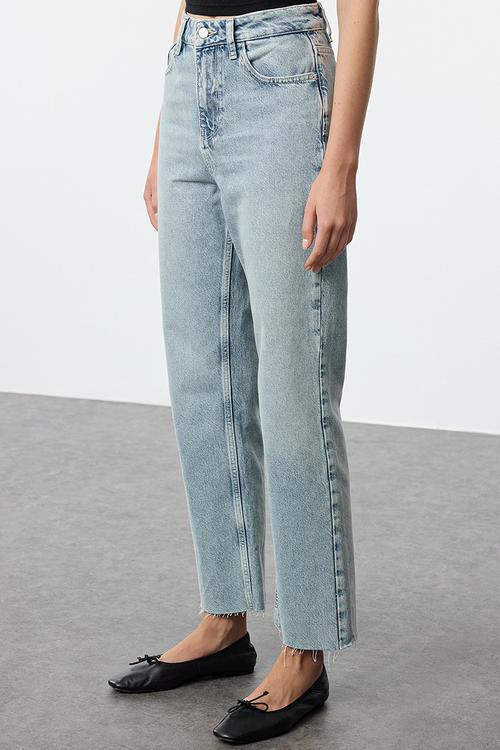 Blue cut-out high waist straight jeans  - light blue