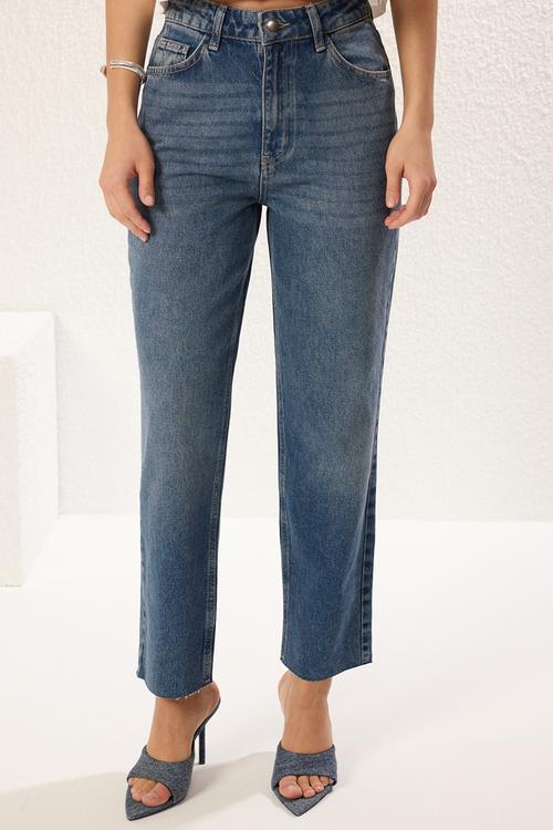 Leg cutout high waist straight jeans  - blue