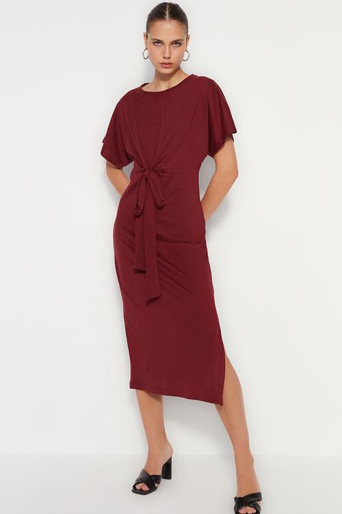 Waist slit and tie detailed midi knitted pencil dress - burgundy
