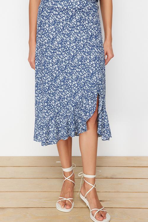 Printed high waist midi stretchy knitted skirt with gather detail and flounce - blue