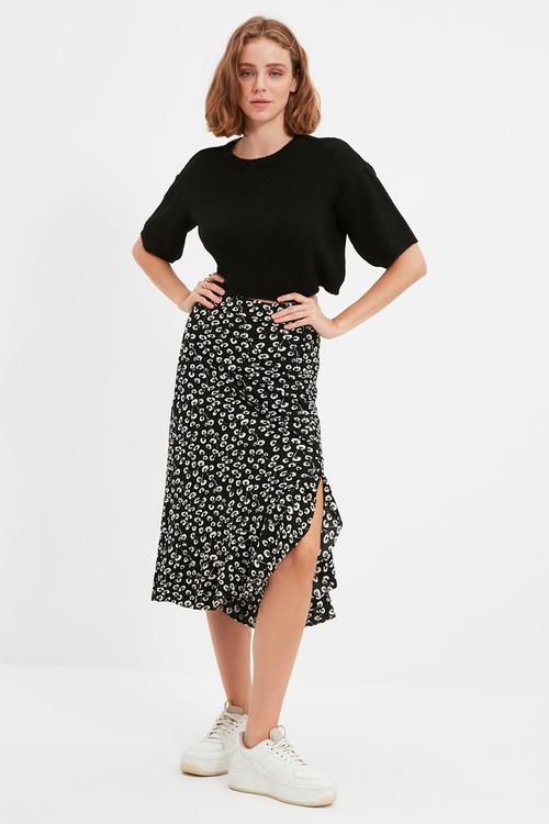 High waist midi stretchy knitted skirt with gather detail and flounce - black