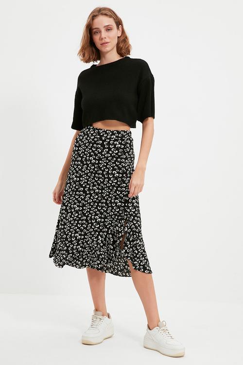 High waist midi stretchy knitted skirt with gather detail and flounce - black