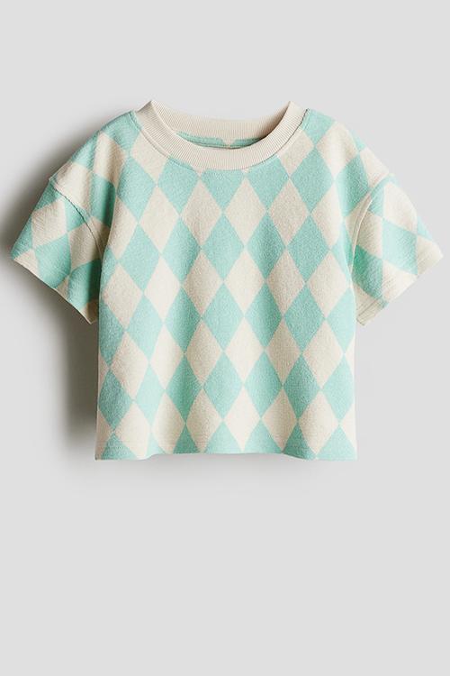 Boxy-style top - turquoise & harlequin-patterned