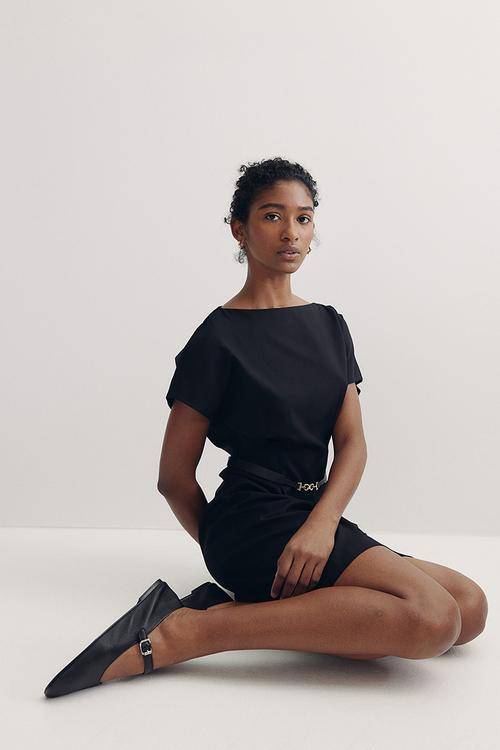 Belted twill dress - black
