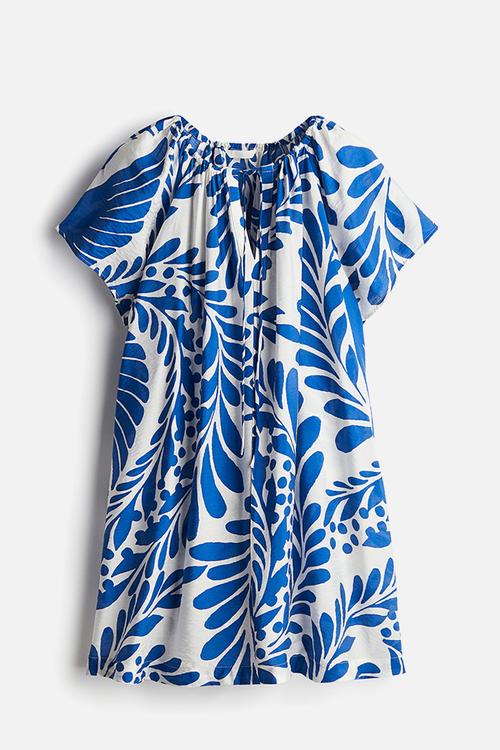 A-line dress - white & blue patterned