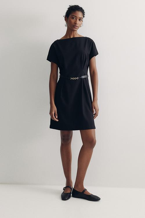 Belted twill dress - black