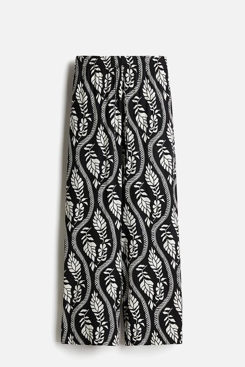 Viscose drawstring trousers - black white patterned