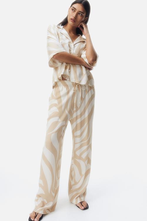 Viscose drawstring trousers - cream beige patterned