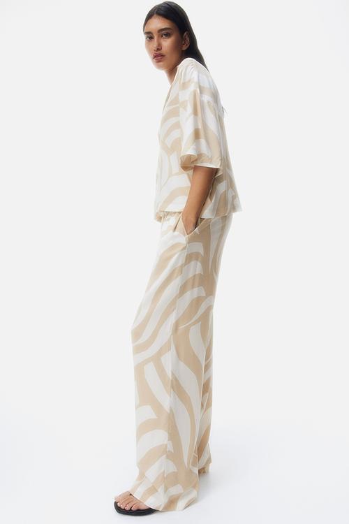 Viscose drawstring trousers - cream beige patterned
