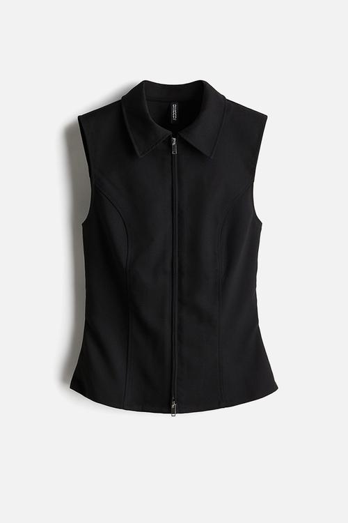 Collared zip-through vest top - black