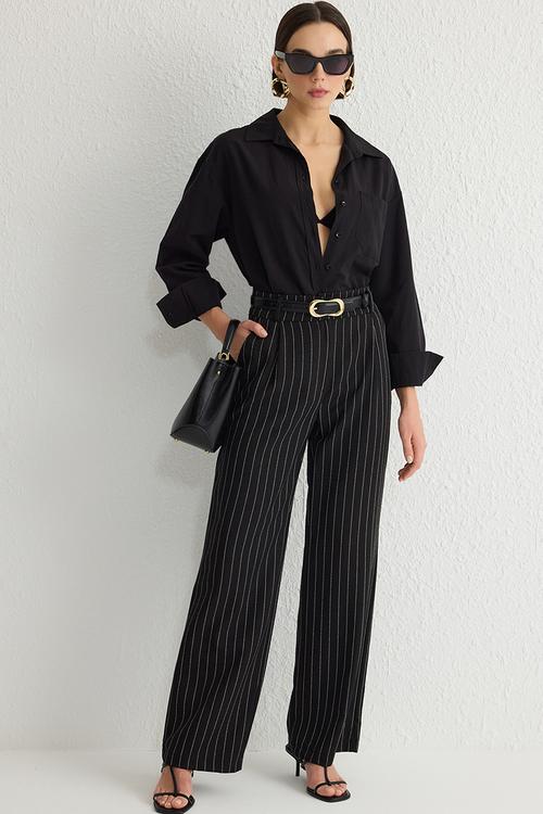 Wide leg striped woven trousers - black