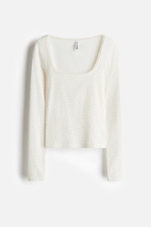 Picot-trimmed cotton top - cream floral