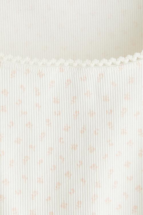 Picot-trimmed cotton top - cream floral