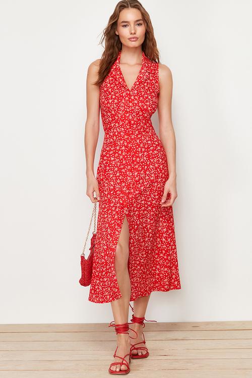Floral viscose midi woven dress - red