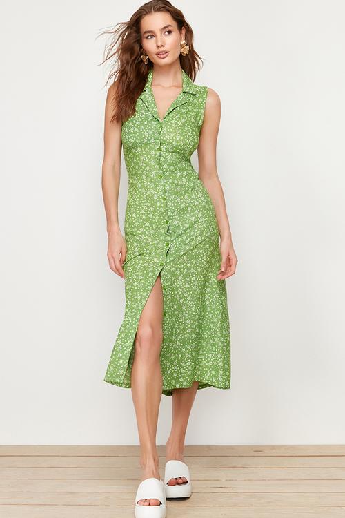 Floral viscose midi woven dress - green