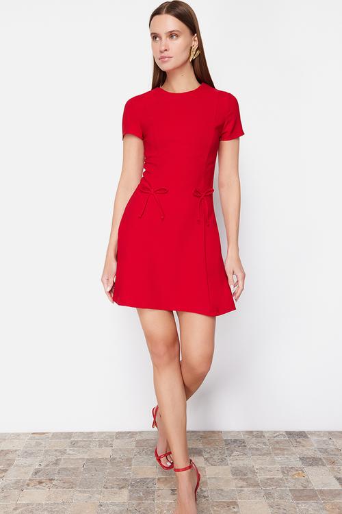 Skirt waist opening bow detail mini woven dress - red