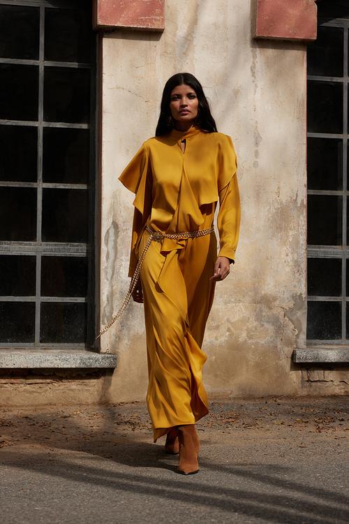 Ai mustard ruffle satin dress - mustard