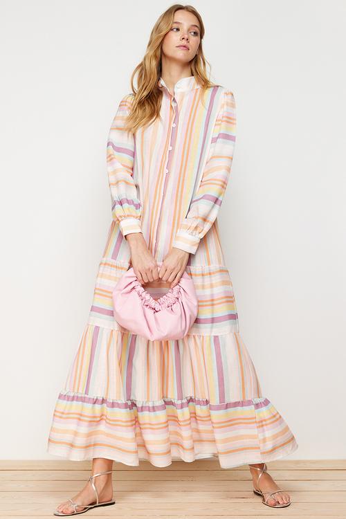 Colour striped skirt ruffled linen look woven dress - multi