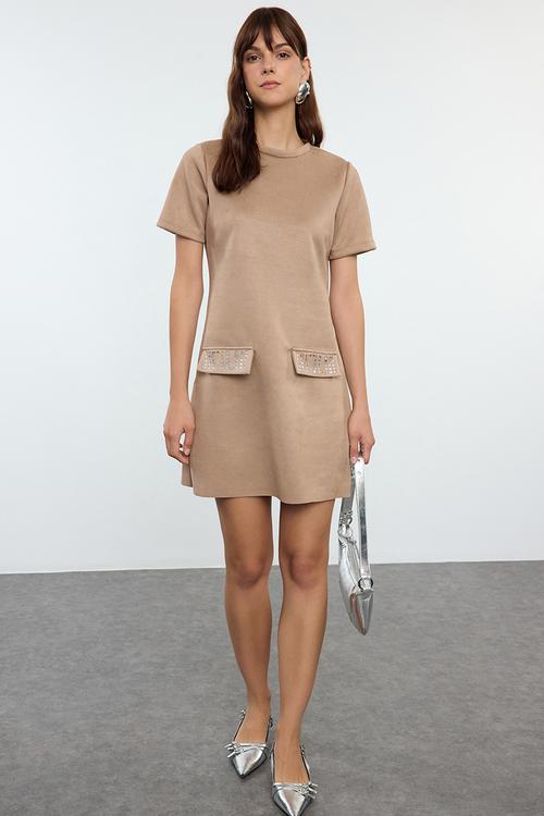 Crew neck shift mini suede knitted dress  - mink