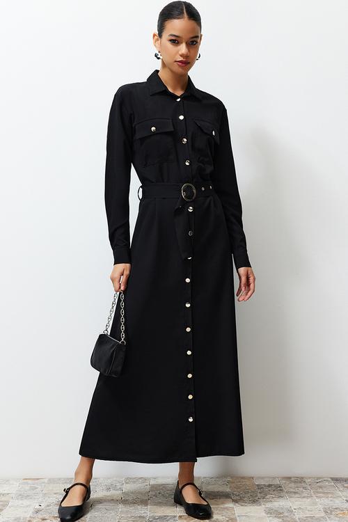 Gold button detailed woven shirt dress - black