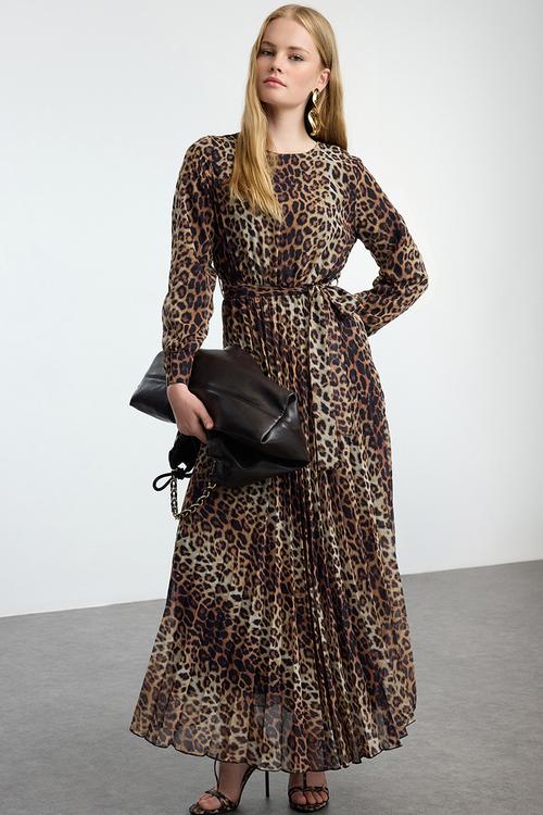 Leopard patterned belt detailed lined pleated chiffon woven dress - brown