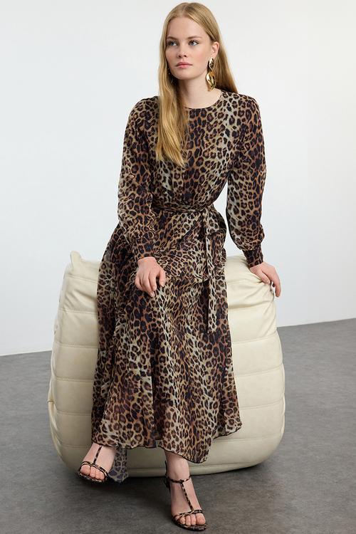 Leopard patterned belt detailed lined pleated chiffon woven dress - brown