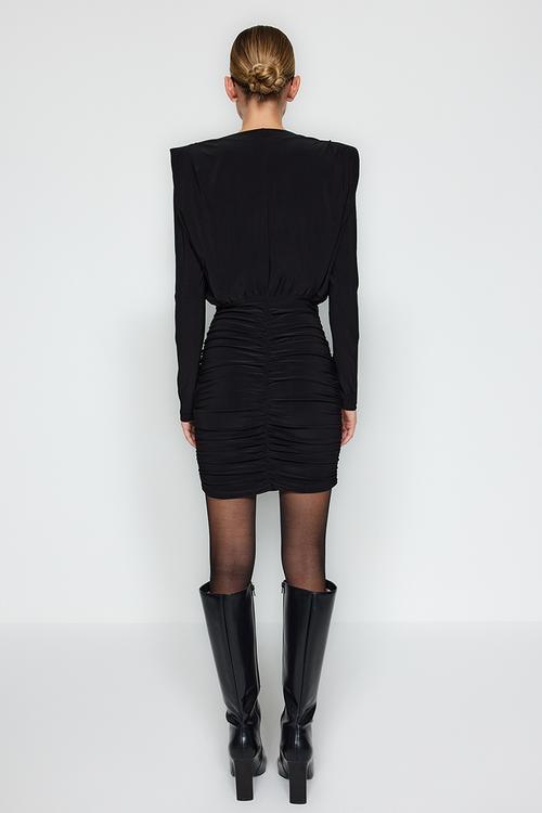 Padded draped fitted mini stretchy knitted pencil dress  - black