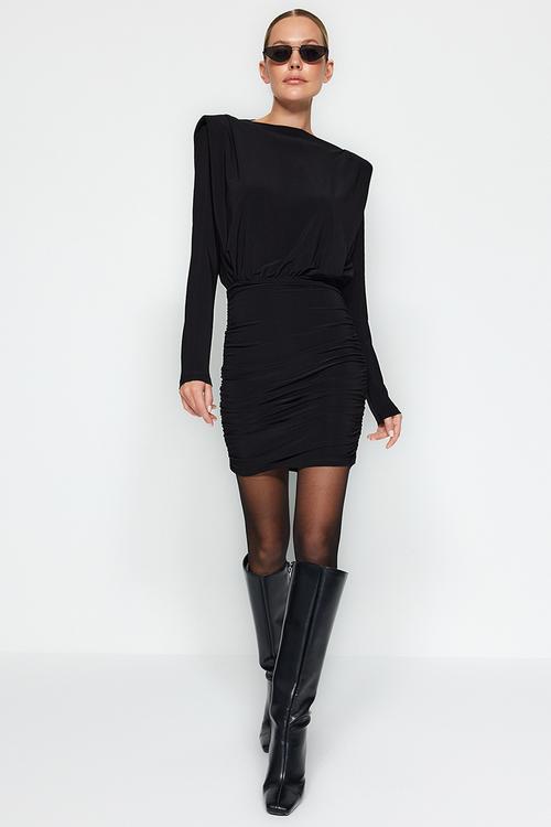 Padded draped fitted mini stretchy knitted pencil dress  - black