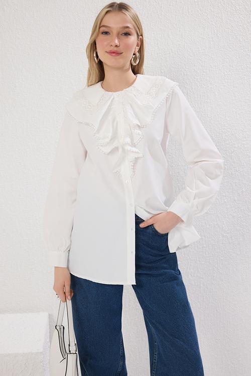 Collar Lace Front Ruffle Detail Woven Shirt - ecru