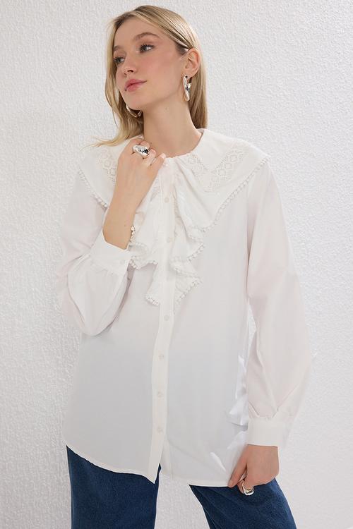Collar Lace Front Ruffle Detail Woven Shirt - ecru