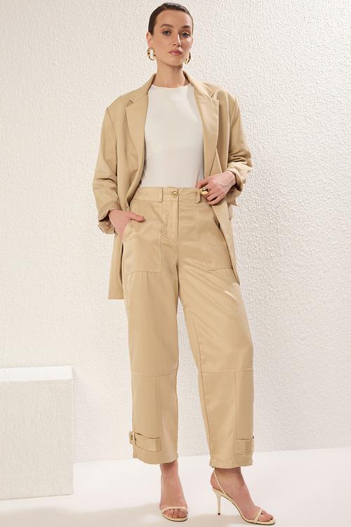 Wide leg soft gabardine woven trousers - beige