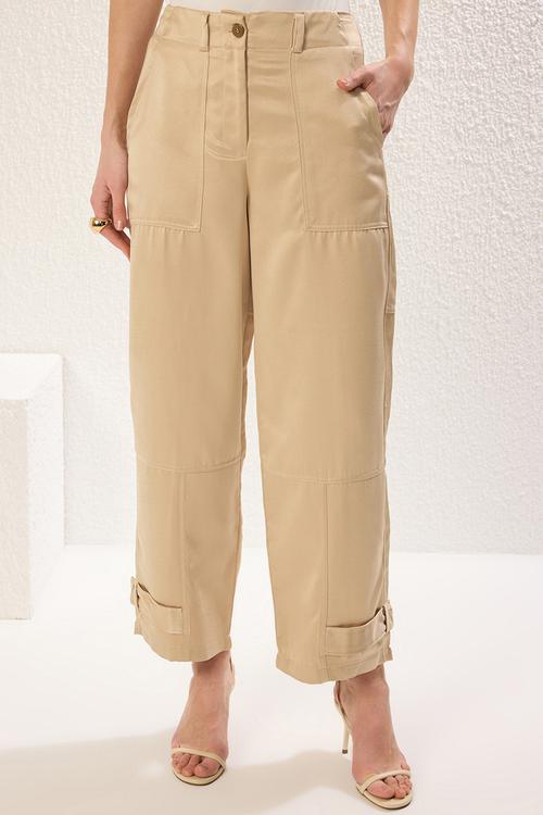 Wide leg soft gabardine woven trousers - beige