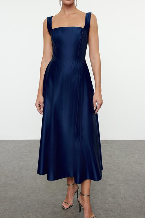 Blue a-line satin woven elegant evening prom dress  - navy blue