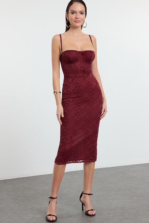 Lined lace knit midi evening prom dress - dark burgundy