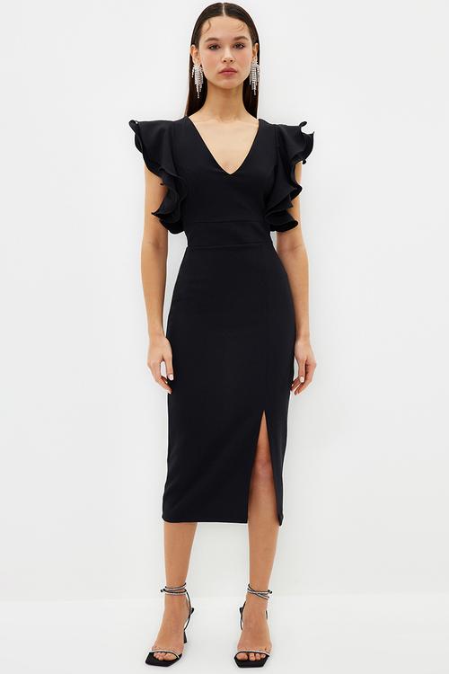 Lined ruffle detailed woven elegant evening night graduation dress - black