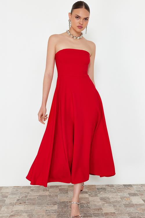 A-line strapless woven elegant evening dress  - red
