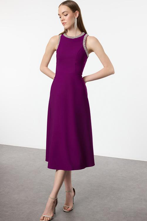 A-cut stone accessory woven evening night graduation dress - plum