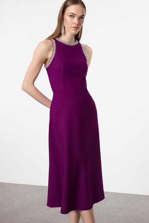 A-cut stone accessory woven evening night graduation dress - plum