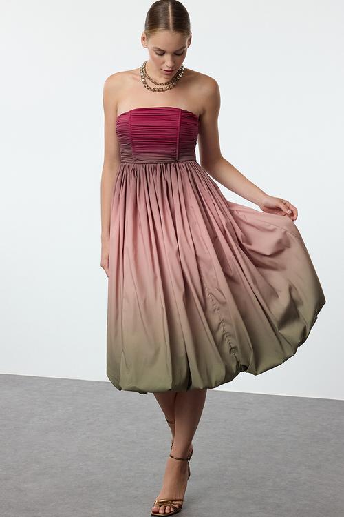 Gradient patterned balloon skirt detailed poplin evening prom dress  - very colorful