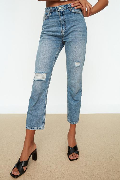 Ripped detailed high waist straight jeans - blue