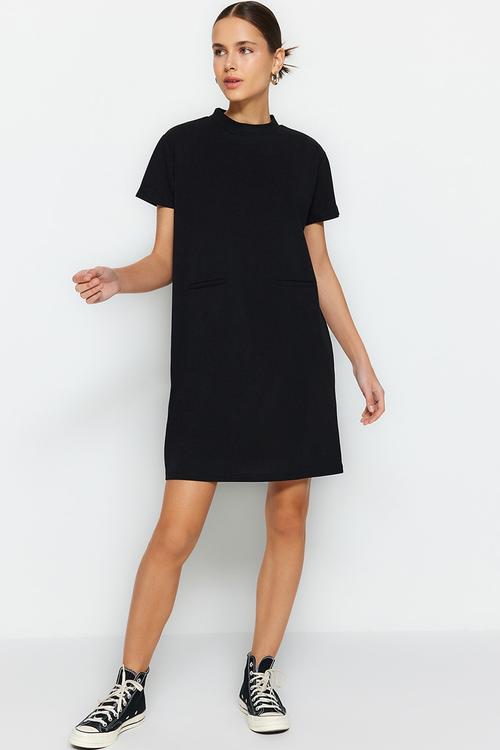 Pocket look open-waist/skater mini smart crepe knitted dress  - black