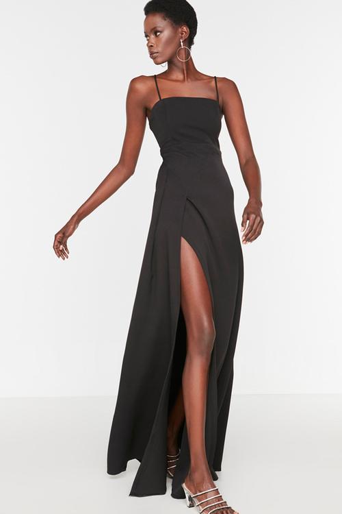 A-line woven long elegant evening night graduation dress - black