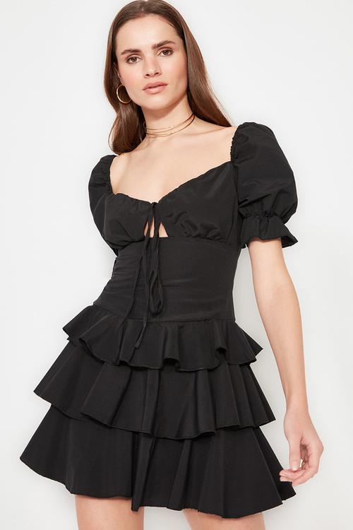 A-line flounce woven poplin mini  dress - black