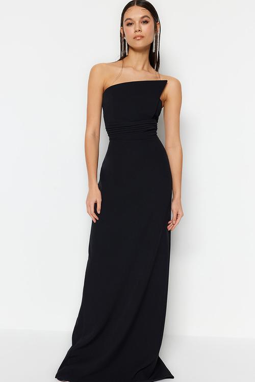 One shoulder woven long elegant evening night graduation dress  - black