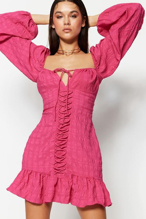 Tie detailed woven short elegant evening night graduation dress  - fuchsia