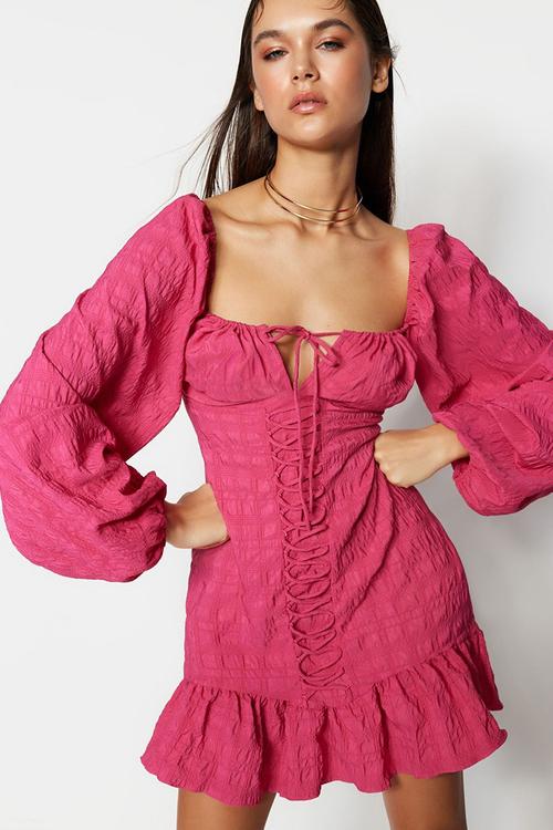 Tie detailed woven short elegant evening night graduation dress  - fuchsia