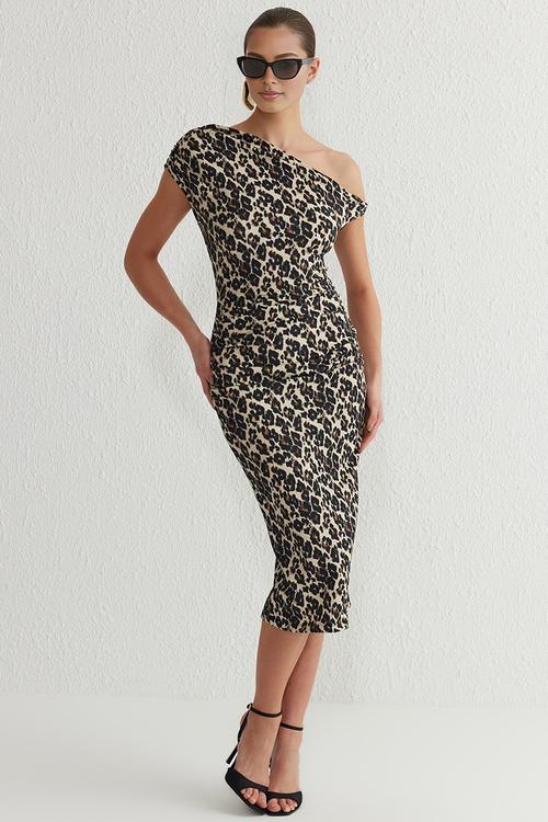 Leopard Printed Midi Evening Prom Dress - Multi-colored