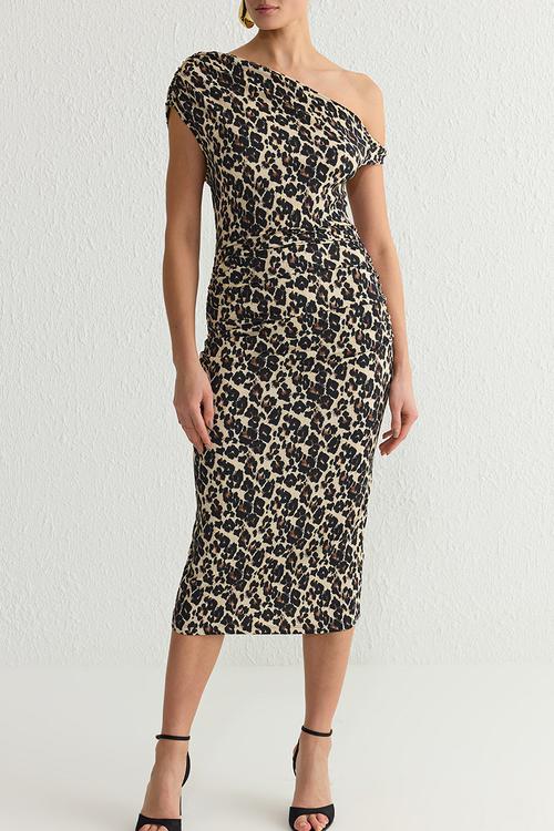 Leopard Printed Midi Evening Prom Dress - Multi-colored